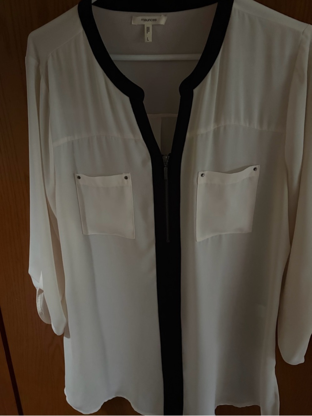 Maurices White Blouse with Black Trim and Front Zip